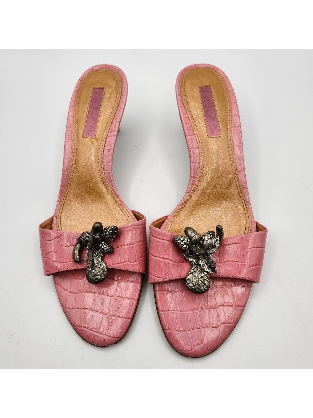 Unisa Vtg Leather Kitten Heel Elegant Pink Croc-Embossed Slide Sandals Sz 8B